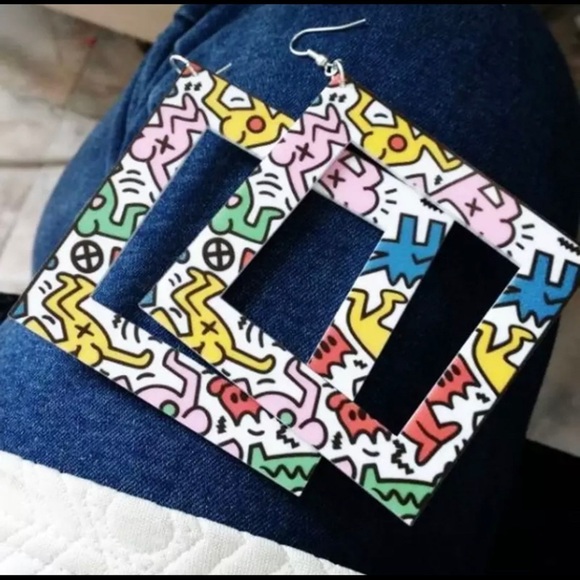 Geometric Drop Fun Print Earrings - Picture 3 of 4